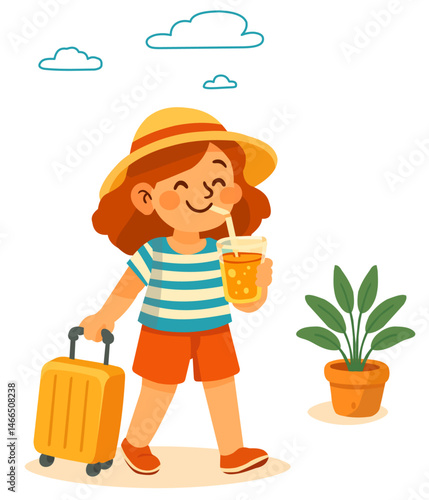Girl traveler walking with rolling suitcase,  drinking lemonade, wearing in summer outfit, enjoying  vacation and tour adventures