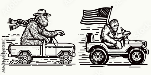 bigfoot with cowboy hat and american flag overlay scarf Driving. Sasquatch hairy mythical creature Clipart line art vector illustration. .