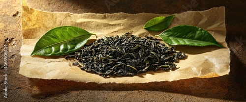 Dark tea leaves on parchment paper with fresh green leaves