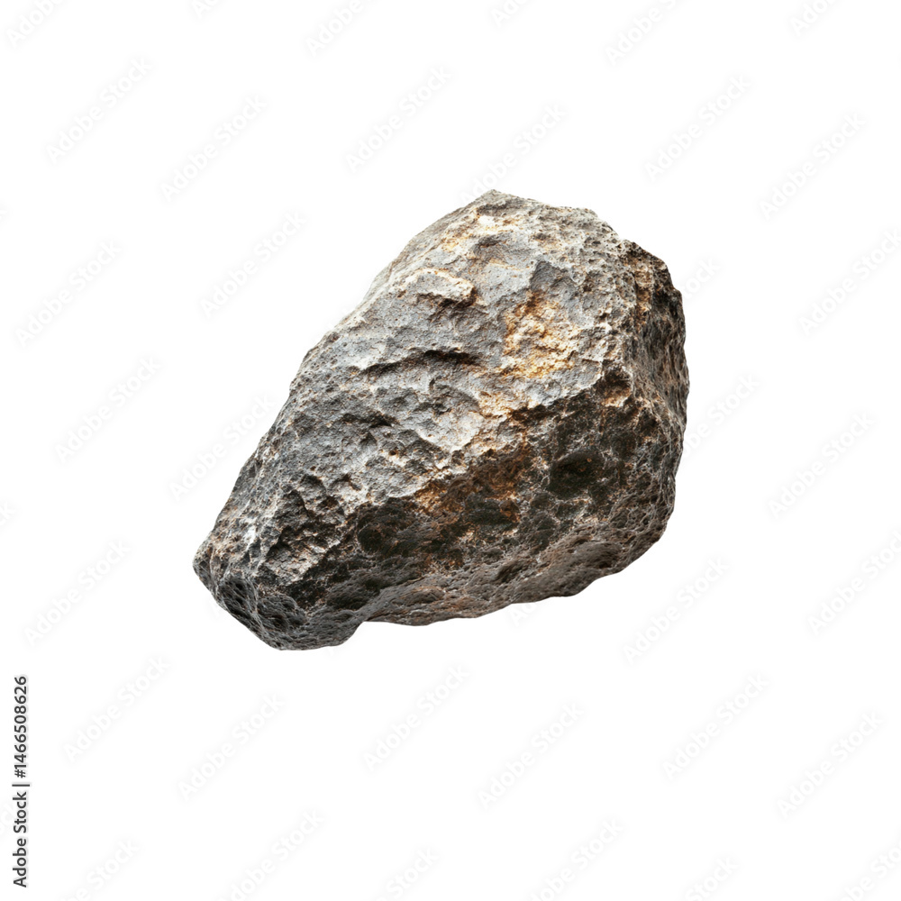 Fototapeta premium textured rock with rough surface, showcasing various shades of gray and brown, is prominently displayed against transparent background. This natural stone exhibits unique patterns and formations