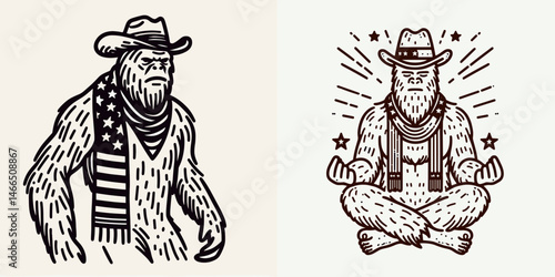 bigfoot with cowboy hat and american flag overlay scarf Meditation. Sasquatch hairy mythical creature Clipart line art vector illustration. hominid wearing western headgear patriotic.