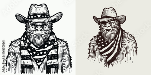 bigfoot with cowboy hat and american flag overlay scarf Scary. Sasquatch hairy mythical creature Clipart line art vector illustration. .