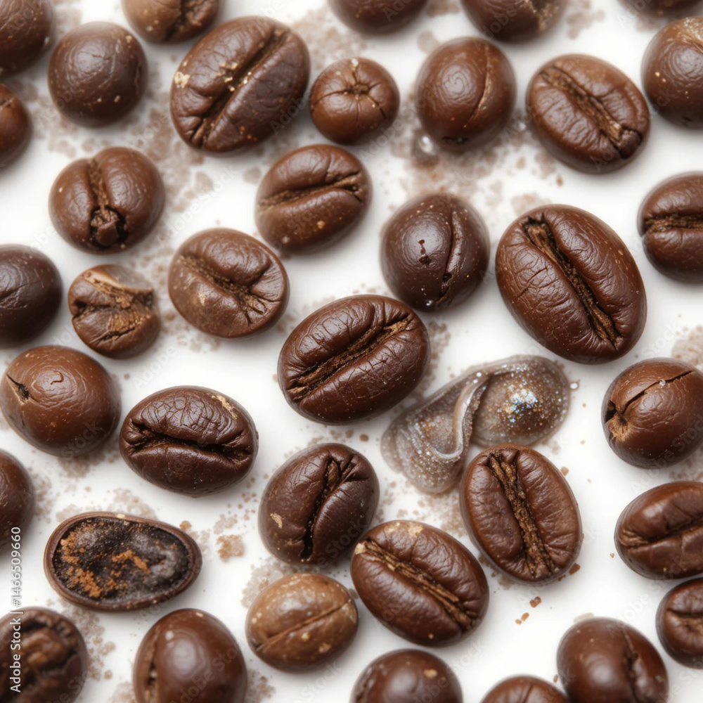 Close-up of four roasted coffee beans on white background Close-up of four roasted coffee beans on white background