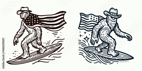 bigfoot with cowboy hat and american flag overlay scarf Surfing. Sasquatch hairy mythical creature Clipart line art vector illustration. Legendary wearing stetson usa banner neckwear ocean.