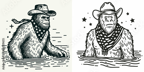 bigfoot with cowboy hat and american flag overlay scarf Swimming. Sasquatch hairy mythical creature Clipart line art vector illustration. Colossal hominid in western headwear patriotic.