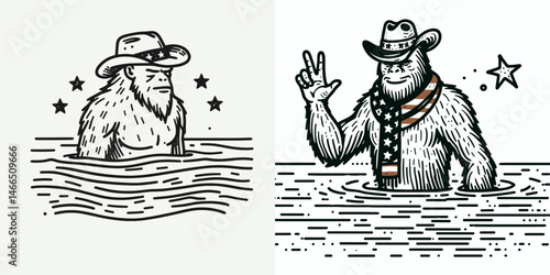 bigfoot with cowboy hat and american flag overlay scarf Swimming. Sasquatch hairy mythical creature Clipart line art vector illustration. Legendary hominid western headwear patriotic banner.