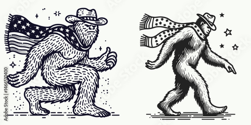 bigfoot with cowboy hat and american flag overlay scarf Yoga. Sasquatch hairy mythical creature Clipart line art vector illustration. .