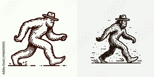 bigfoot with cowboy hat Running. Sasquatch hairy mythical creature Clipart line art vector illustration. Cryptid in motion western headgear sprinting.