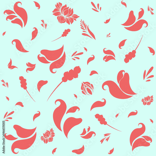 Original pattern with red summer flowers in Petrykivka style on soft mint green background