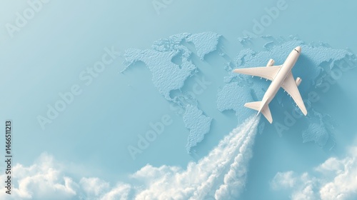 An airplane flies over a stylized world map, leaving a trail of clouds, representing travel and exploration.