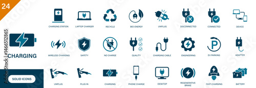 Charger icon. Containing battery, energy, ev, wireless charging, adapter, charging cable. Solid vector icons set.