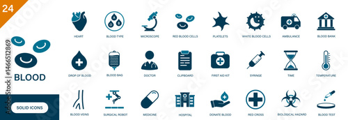 Blood icon. Containing red blood cells, blood vessels, medical, blood type, heart, blood test. Solid vector icons set.