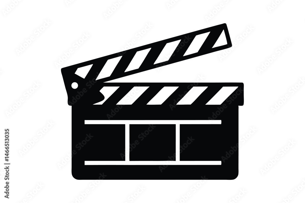 Fototapeta premium The open movie slate's bold black silhouette stands against a clean white background