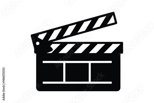 The open movie slate's bold black silhouette stands against a clean white background