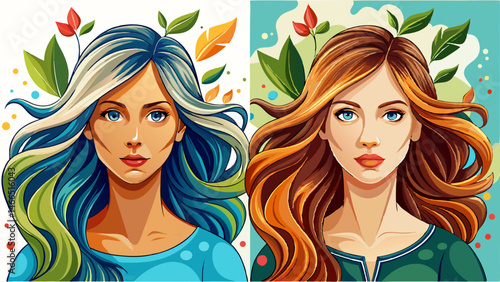 Woman before and after hair treatment on white background