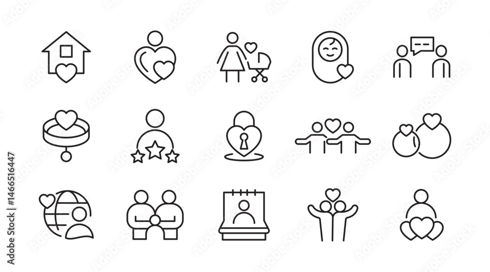 Family Relation line icon set. big family, social group, diversity, communication, couple, mother, love, photo album, child, children, adoption line icon set. Ui thin line icon pack. Family Relation line icon set. big family, social group, diversity, communication, couple, mother, love, photo album, child, children, adoption line icon set. Ui thin line icon pack.