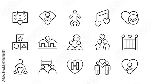 Family Relation line icon set. big family, social group, diversity, communication, couple, mother, love, photo album, child, children, adoption line icon set. Ui thin line icon pack.