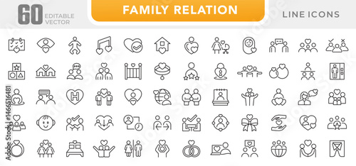 Family Relation line icon set. big family, social group, diversity, communication, couple, mother, love, photo album, child, children, adoption line icon set. Ui thin line icon pack.