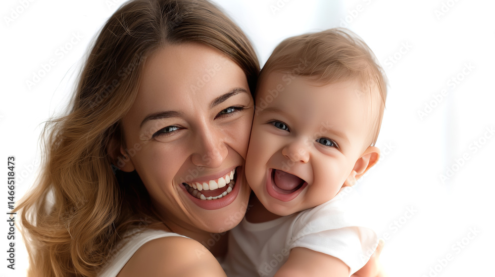 Joyful moment shared between mother and baby as they laugh together indoors Joyful moment shared between mother and baby as they laugh together indoors