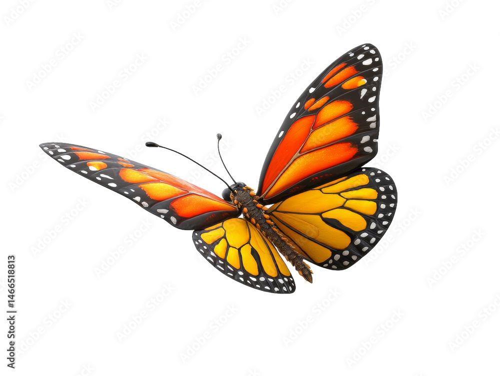 Fototapeta premium Majestic Monarch Butterfly in Flight Against a Pure White Background Captured in a Stunning Moment of Nature's Beauty