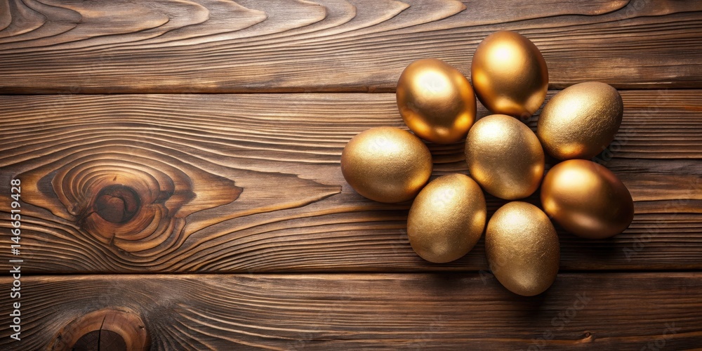 Naklejka premium Golden Eggs on Rustic Wooden Surface A Symbol of Wealth and Prosperity