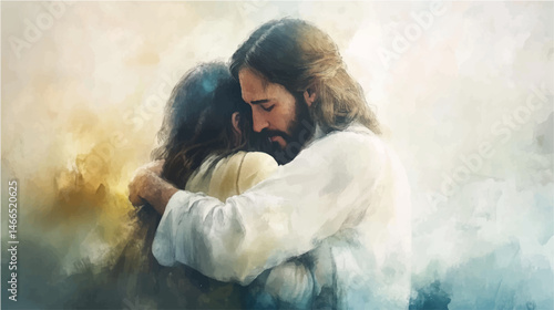 Watercolor painting of Jesus embracing a person in need. Vector illustration