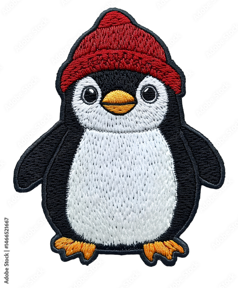 Fototapeta premium An adorable penguin wearing a red hat and a cute appearance, charming pose, and soft texture. Suitable for crafting projects.