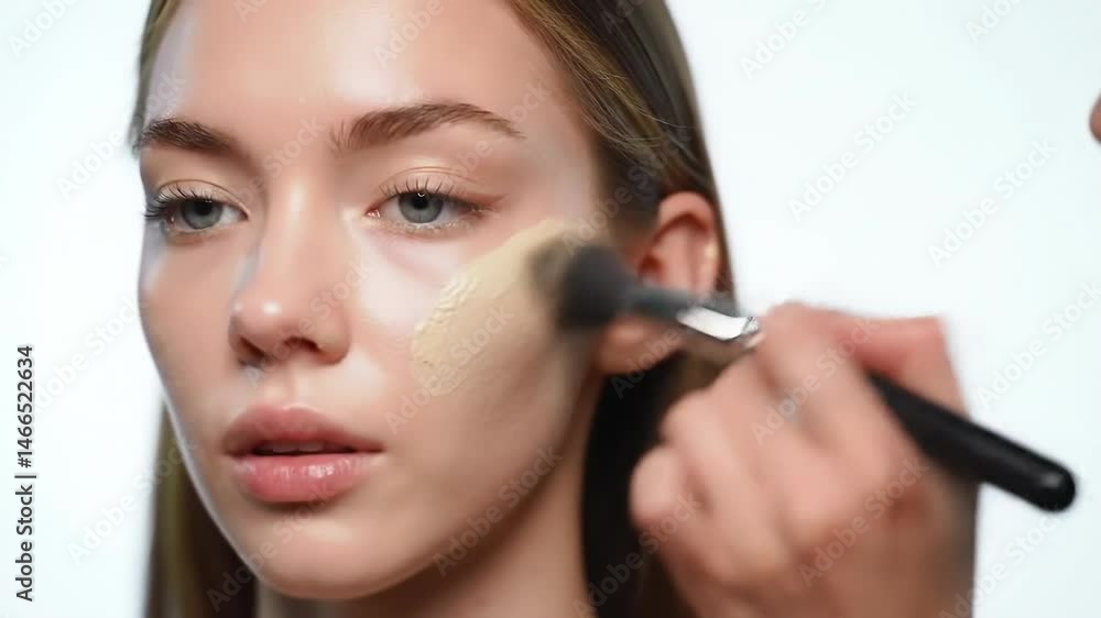 Applying Facial Foundation on Womans Face with Brush Close Up Applying Facial Foundation on Womans Face with Brush Close Up