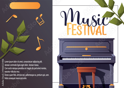 Colorful vector for a music festival event with an upright piano. Great for posters, flyers, promotions, or social media in music-related contexts.