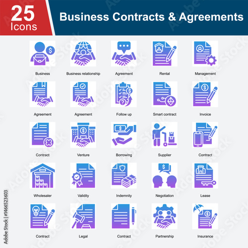 Business Contracts & Agreements is a collection of icons representing various business contracts, including rental agreements, partnership contracts, smart contracts, leases, supplier agreements.