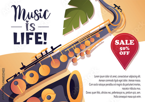 Stylish music vector with a saxophone, leaves and music is life text. Ideal for promo campaigns, festivals and creative posters.
