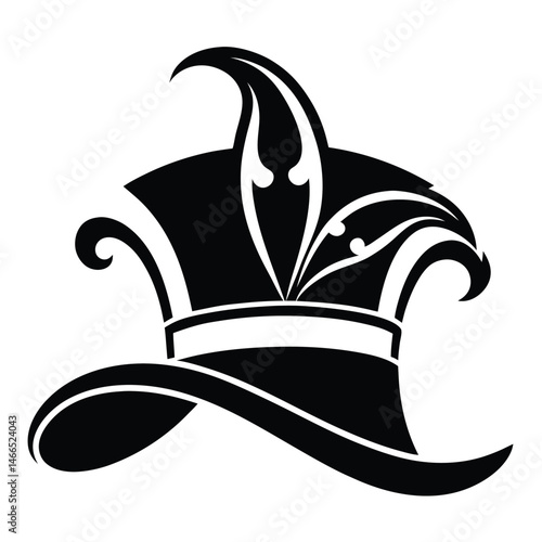 Unique silhouette of a court jester hat features curling elements and stylish design
