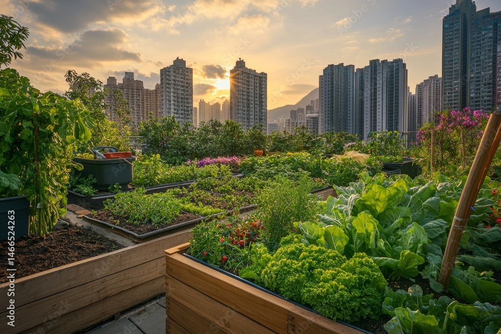 Fototapeta premium Urban rooftop garden landscape at sunset, lush and vibrant.