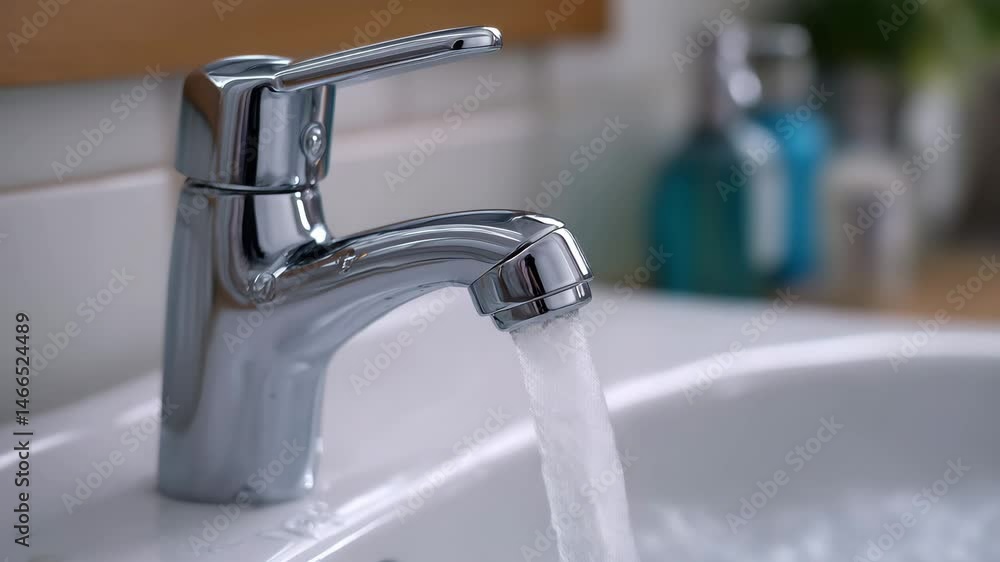 Clean water flows steadily from a bathroom tap in a modern WC interior. Static camera captures a hygienic, minimal, and calm water utility moment. AI generative 4K video. Clean water flows steadily from a bathroom tap in a modern WC interior. Static camera captures a hygienic, minimal, and calm water utility moment. AI generative 4K video.