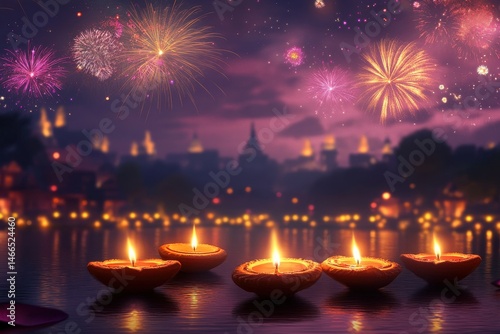 Diwali celebration with candles floating on water and fireworks in the background at night time