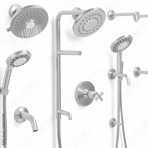 Row of shower heads and faucets on white background