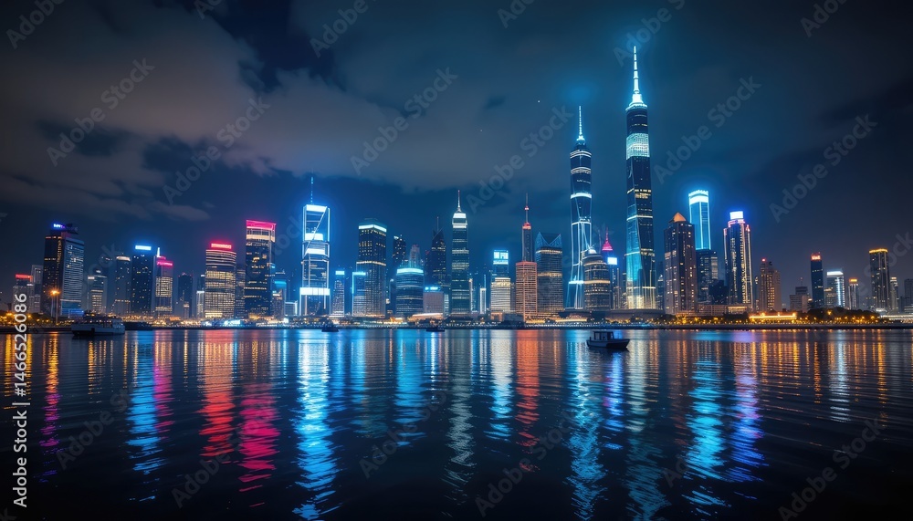 Fototapeta premium Shanghai Skyline at Night: A Dazzling Display of Urban Lights