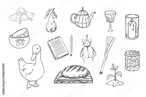 Retro cute whimsy farm themed cottage core aesthetic. Cottagecore set cosy country rural things sketch. Hobby collection, vegetables doodle.