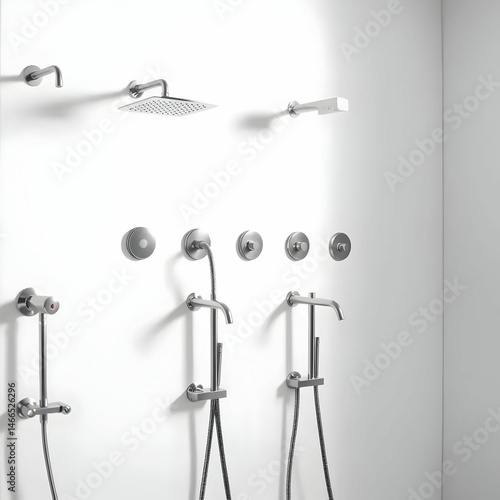 Row of shower heads and faucets on white background