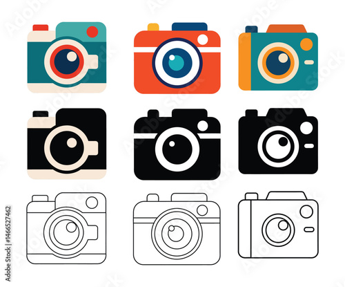 Vintage Camera Icons Retro Photography Graphic Design Elements, Set of Nine Colorful and Monochrome Illustrations for Websites, Apps, and Social Media