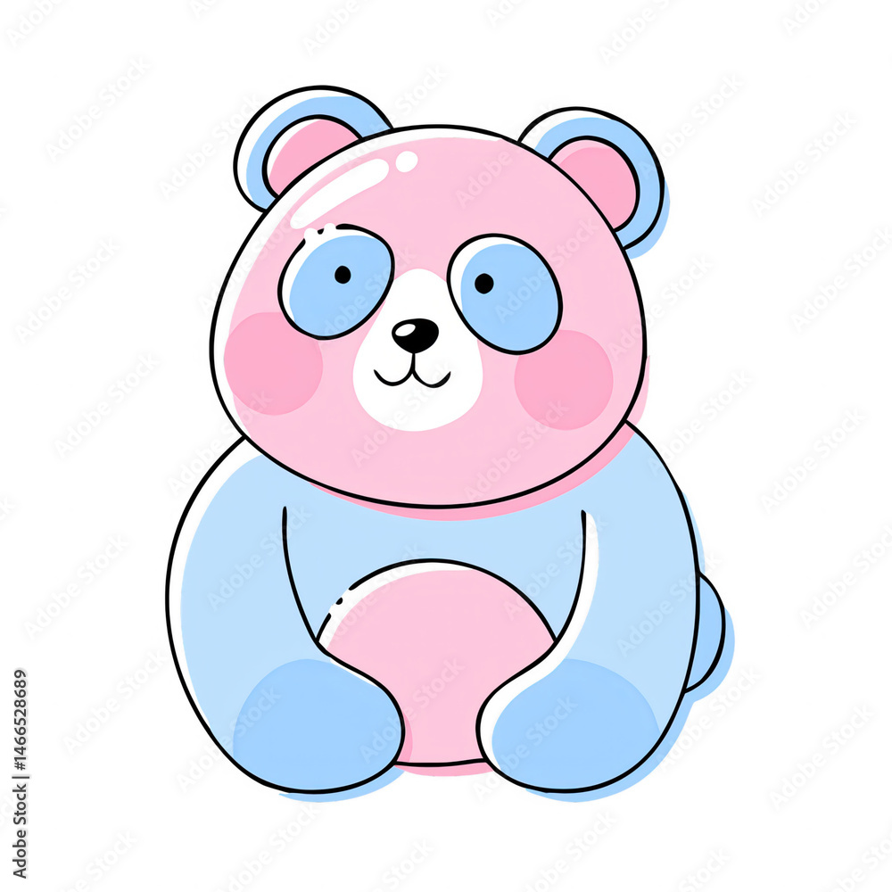 Fototapeta premium Cute cartoon panda bear with pink and blue colors, round shapes, and a friendly expression.