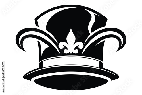 Black top hat with fleur de lis symbol is displayed in a bold stencil fashion