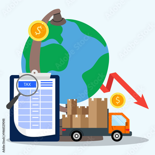 Reducing taxes and fees on global import and export of goods concept. Truck transporting products with tax document on clipboard, coin on globe and arrow down for symbol reduction tariff.