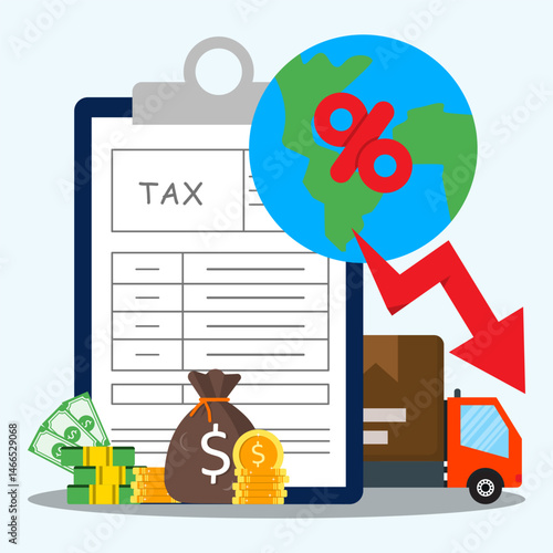 Reducing taxes and fees on global import and export of goods concept. Truck delivery goods with tax document on clipboard, dollar money and arrow percentage down on earth for symbol reduction tariff.