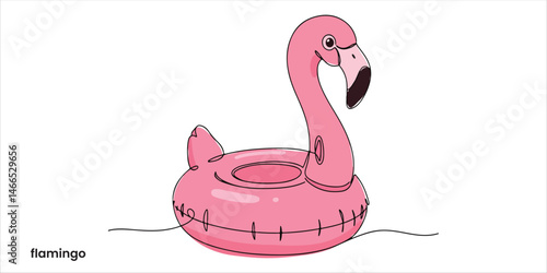 Cute inflatable pink flamingo toy continuous single line art drawing sketch on white background