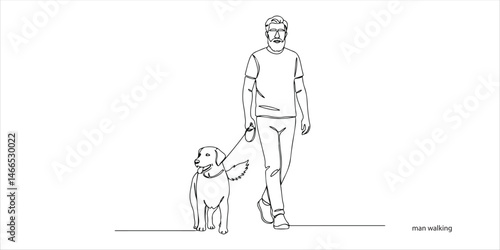 Mature man walking the dog continuous single line art drawing sketch on white background