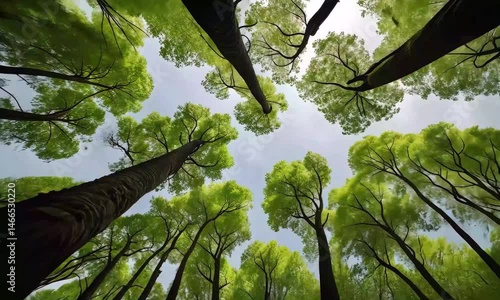 Upward View of Lush Green Canopy Swaying Gently in Breeze