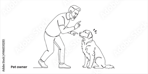 Pet owner scolding his dog continuous single line art drawing sketch on white background