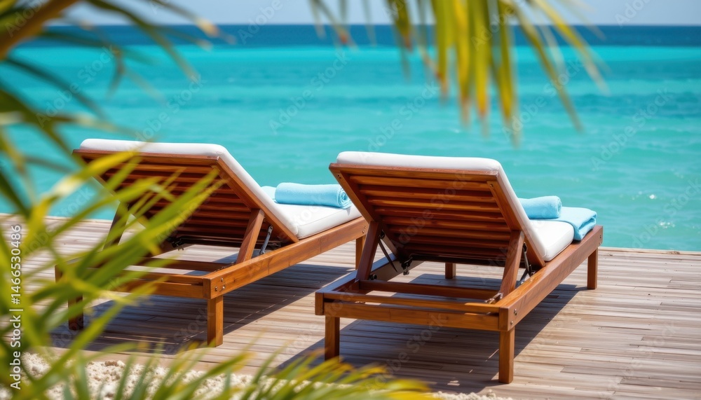 Obraz premium Relaxing beach loungers overlooking crystal clear water tropical paradise lifestyle photography serene atmosphere