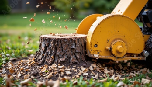 Tree stump grinding action residential yard machinery outdoor close-up landscaping solutions